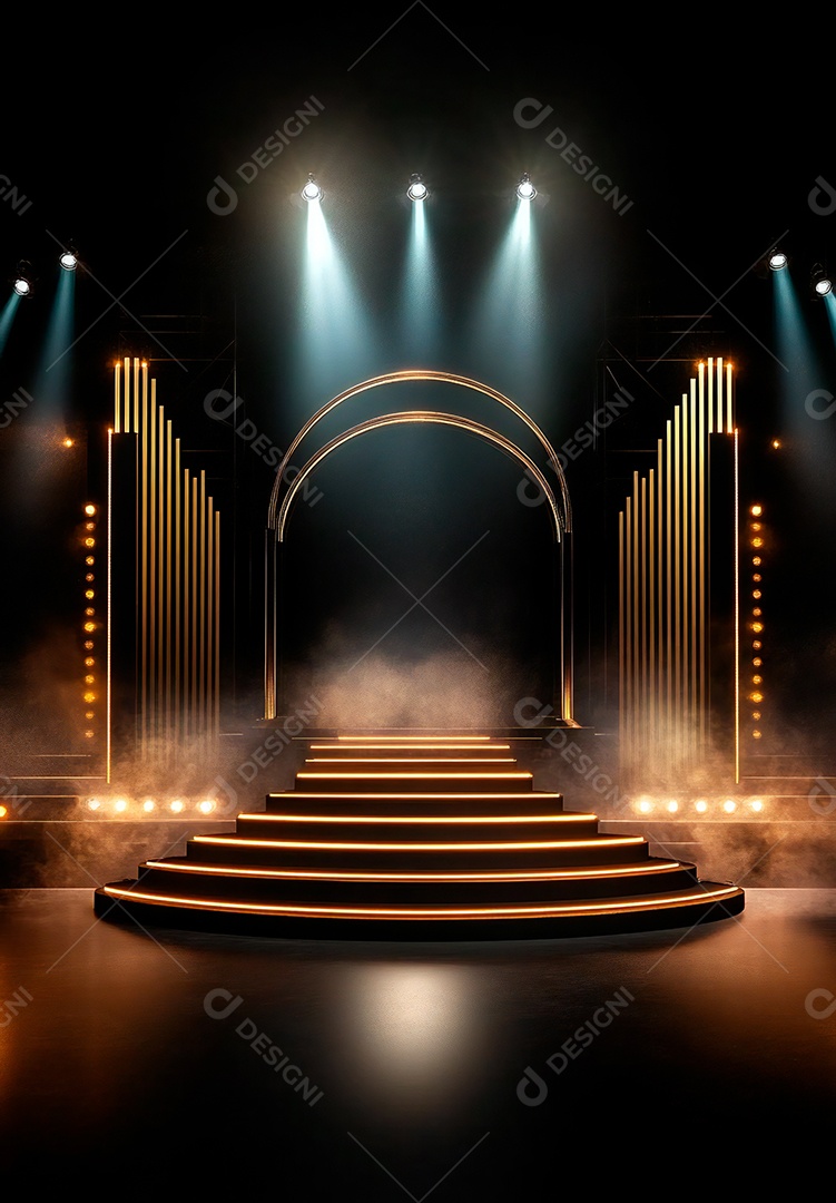 Cenário de Palco iluminado com luzes e fumaça