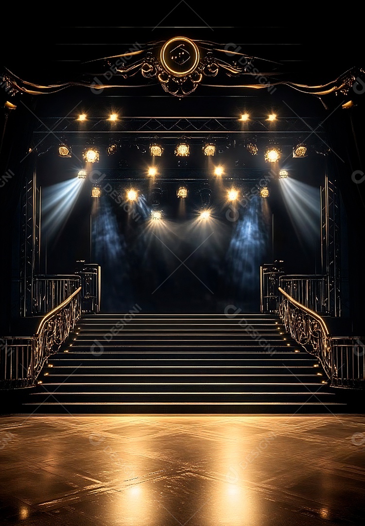 Cenário de Palco iluminado com luzes e fumaça