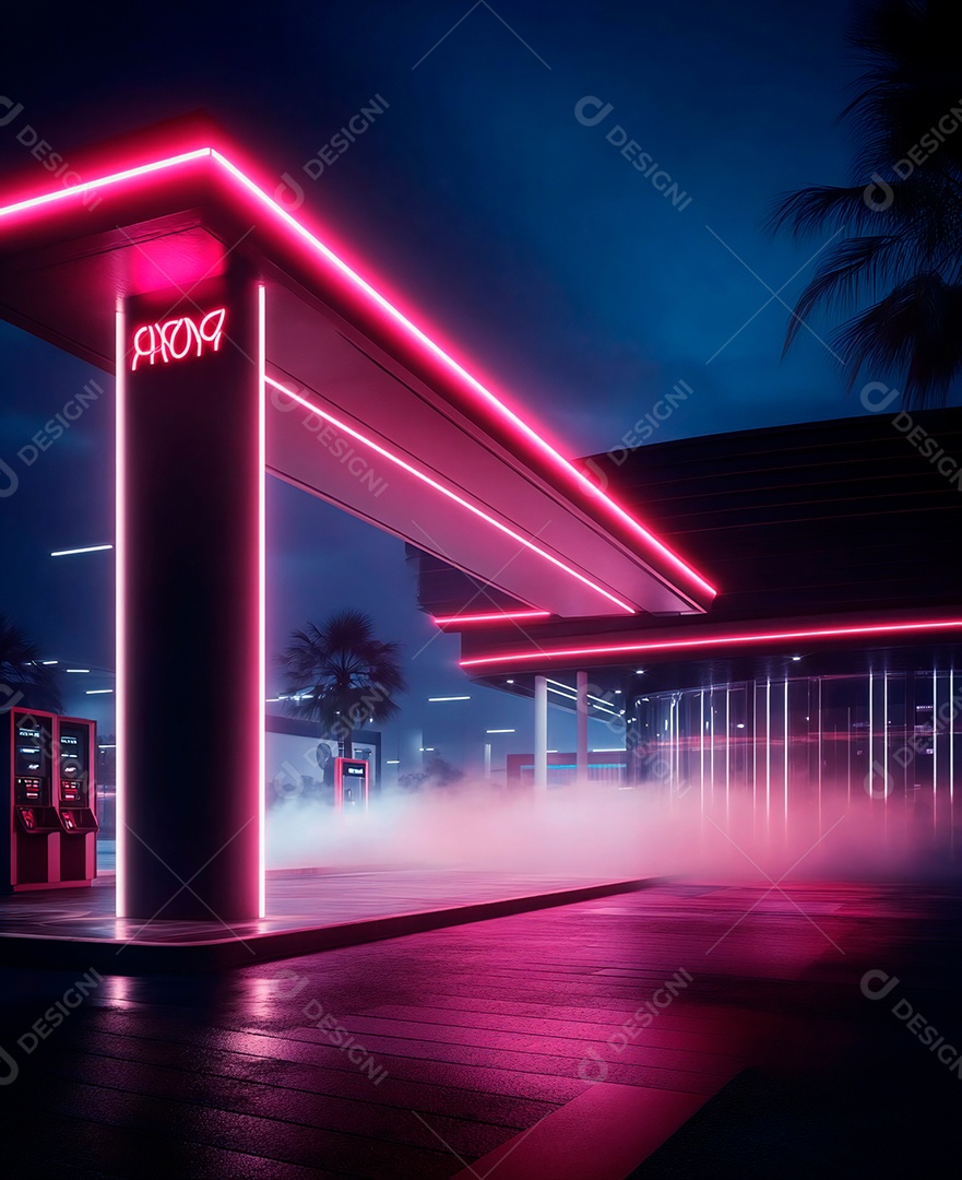 A imagem mostra uma paisagem urbana noturna com uma estética futurista