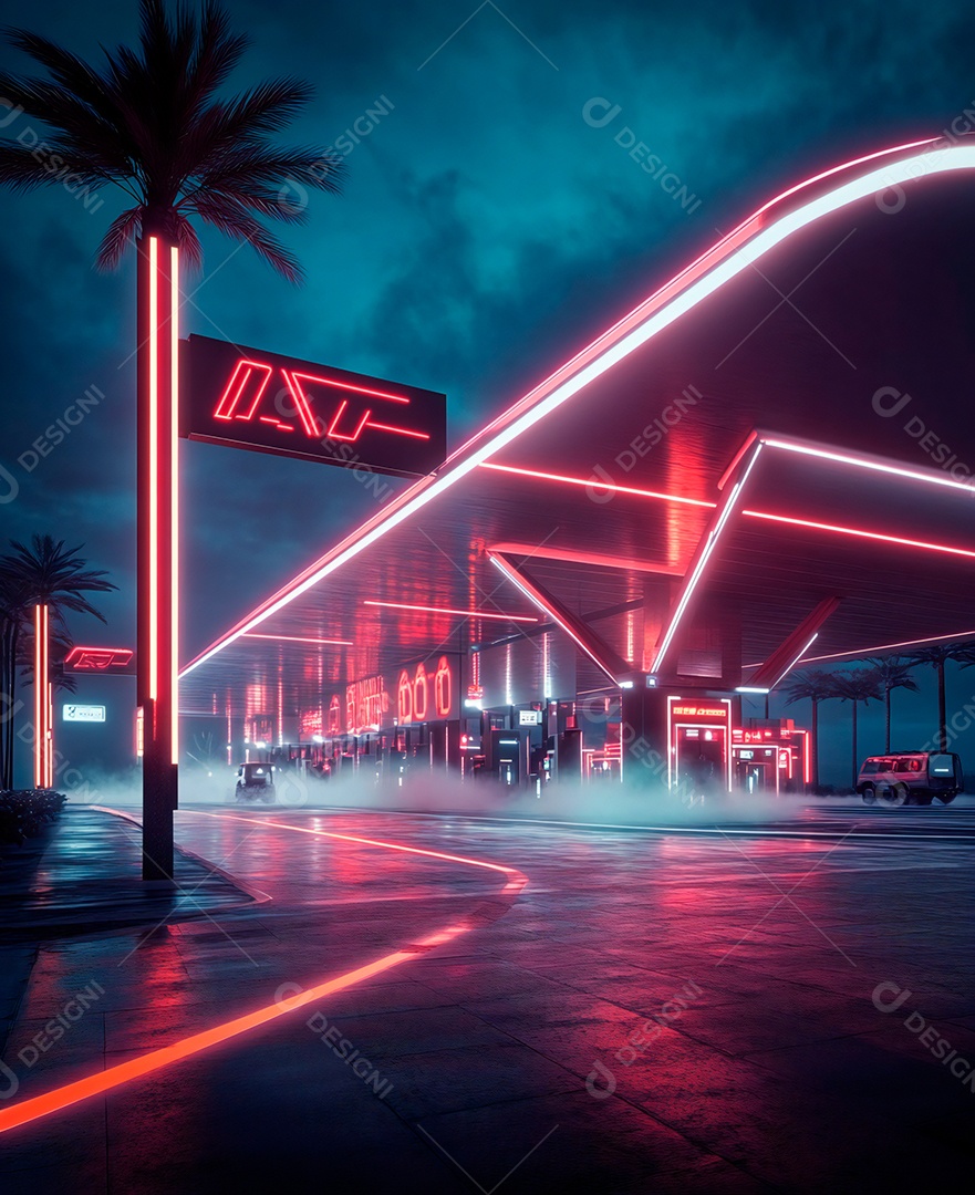 A imagem mostra uma paisagem urbana noturna com uma estética futurista