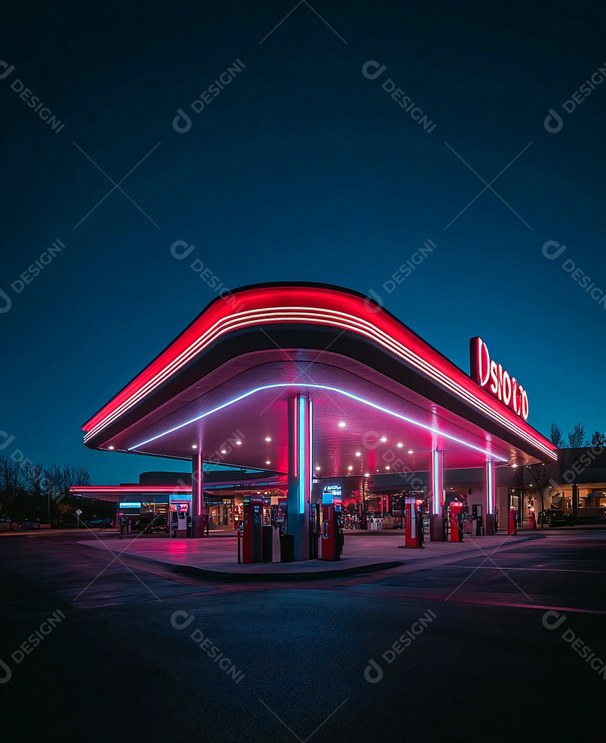 A imagem mostra uma paisagem urbana noturna com uma estética futurista