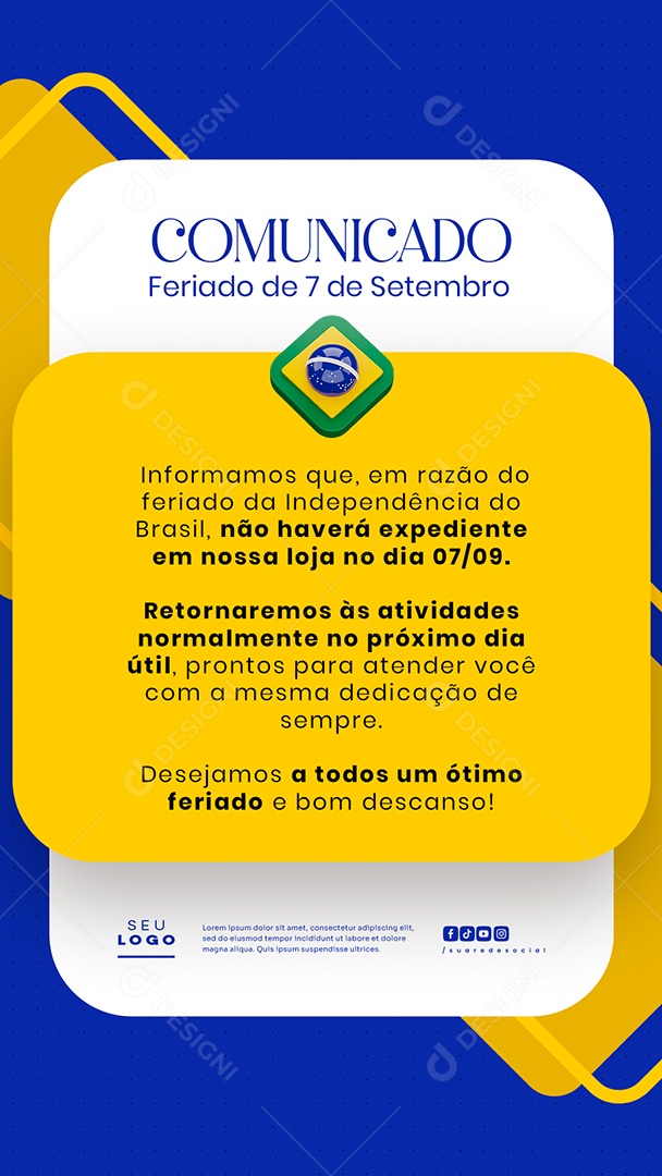 Comunicado de Feriado Aviso 7 de Setembro Independência do Brasil Story Social Media PSD Editável