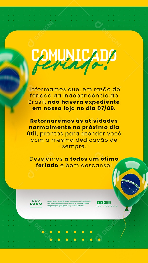 Comunicado de Feriado Aviso 7 de Setembro Independência do Brasil Story Social Media PSD Editável