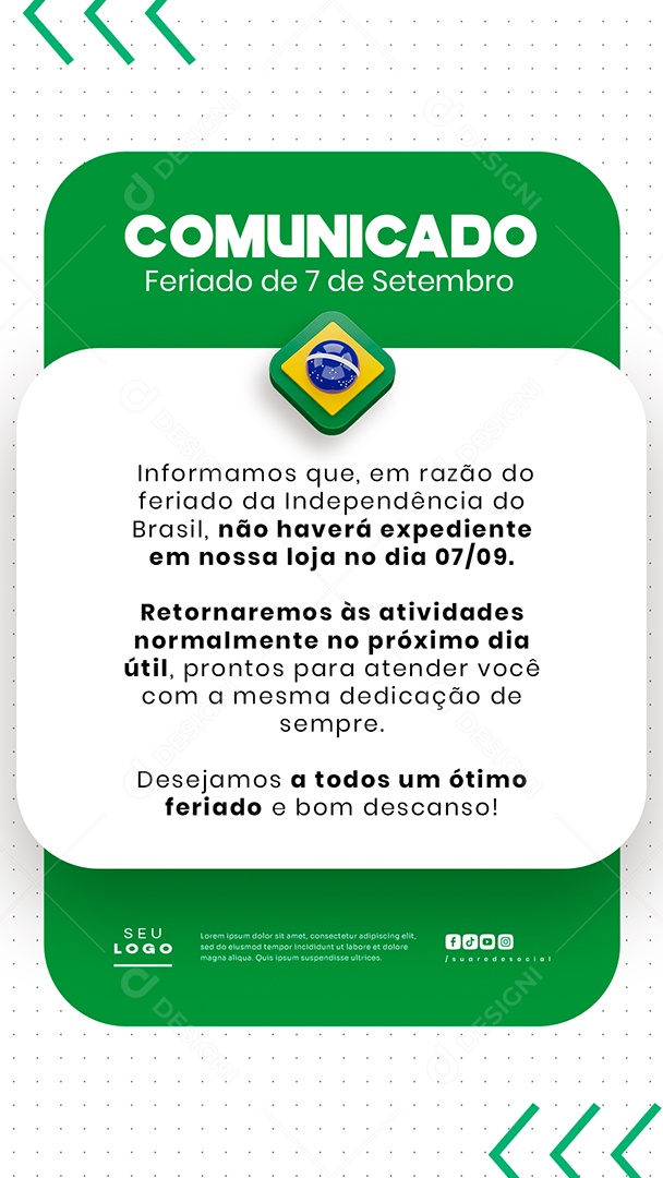 Comunicado de Feriado Aviso 7 de Setembro Independência do Brasil Story Social Media PSD Editável