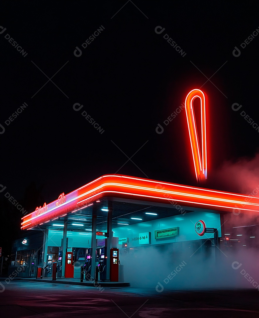 A imagem mostra uma paisagem urbana noturna com uma estética futurista