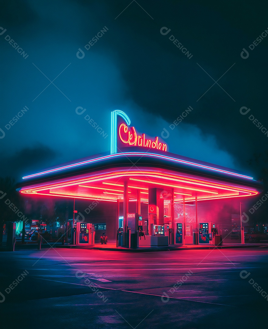 A imagem mostra uma paisagem urbana noturna com uma estética futurista