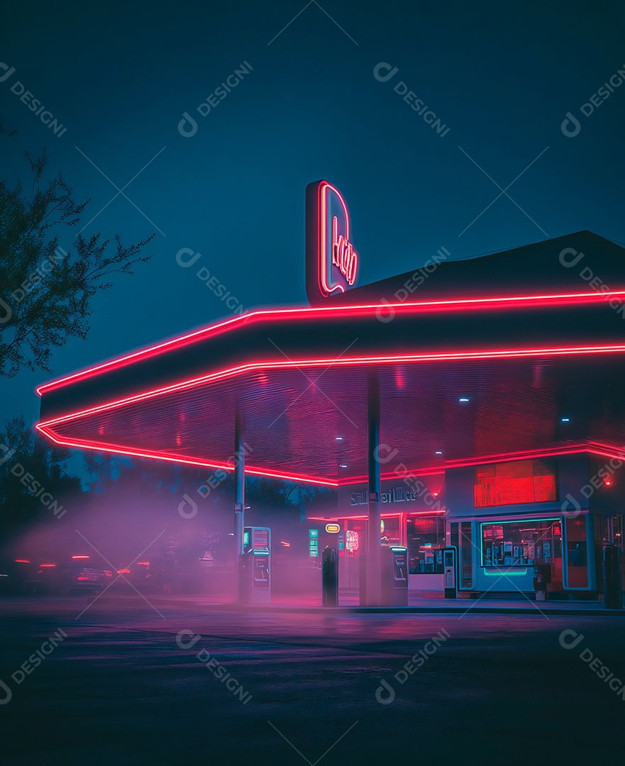 A imagem mostra uma paisagem urbana noturna com uma estética futurista