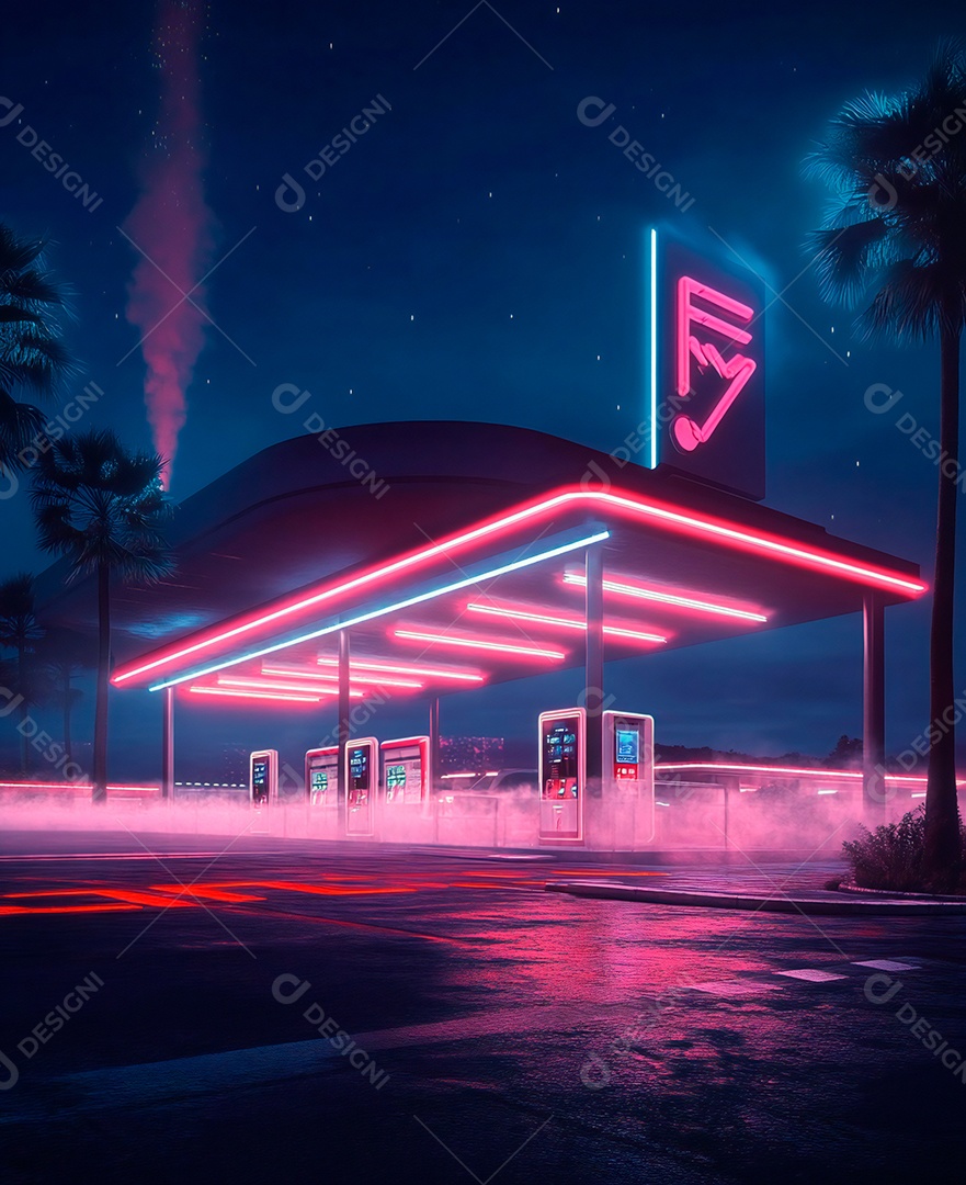 A imagem mostra uma paisagem urbana noturna com uma estética futurista