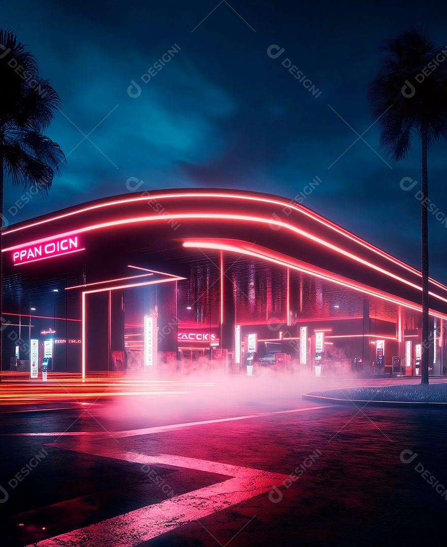 A imagem mostra uma paisagem urbana noturna com uma estética futurista