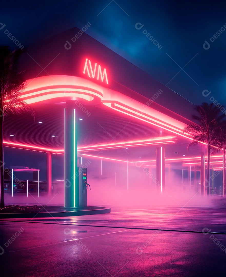 A imagem mostra uma paisagem urbana noturna com uma estética futurista