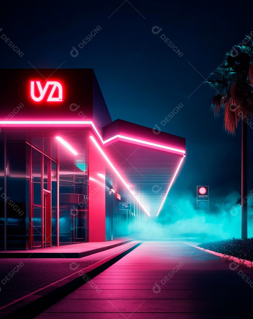 A imagem mostra uma paisagem urbana noturna com uma estética futurista