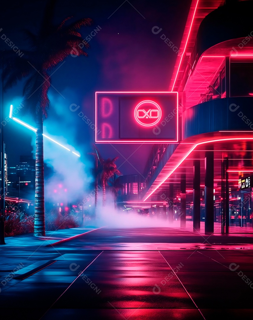 A imagem mostra uma paisagem urbana noturna com uma estética futurista