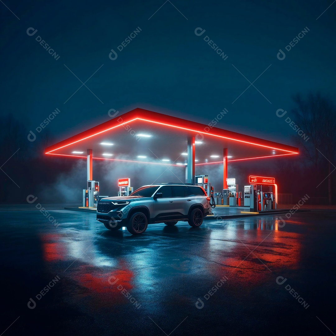 A imagem mostra uma paisagem urbana noturna com uma estética futurista