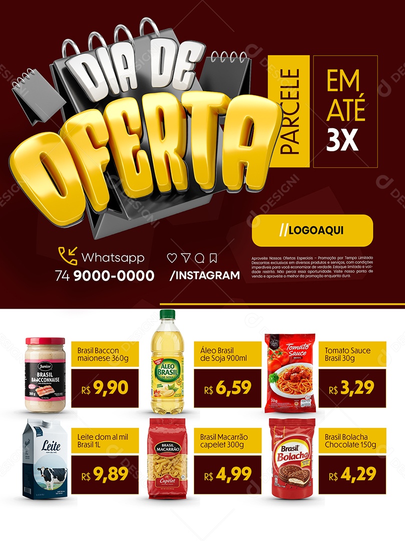 Dia de Oferta Supermercado Encarte Parcele em Até 3x Social Media PSD Editável