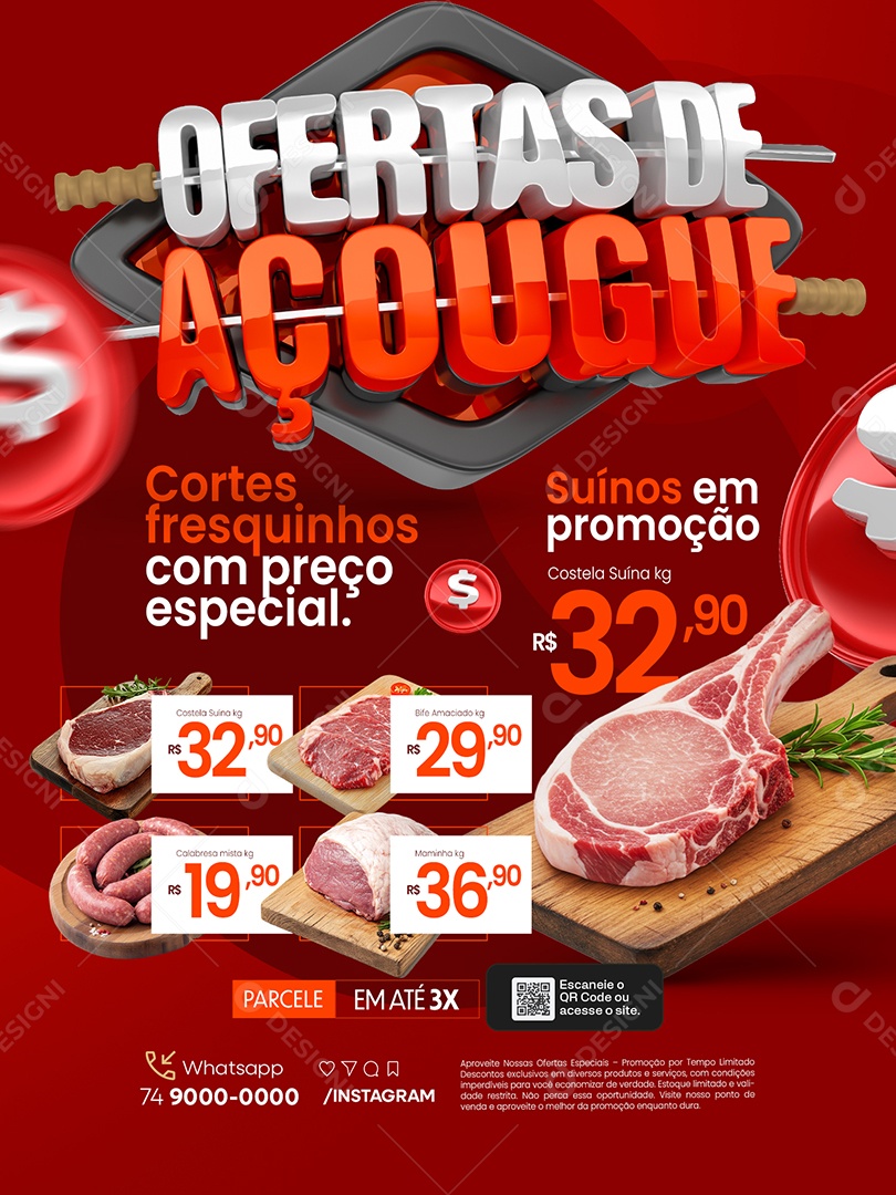Ofertas de Açougue Encarte Cortes Fresquinhos Social Media PSD Editável