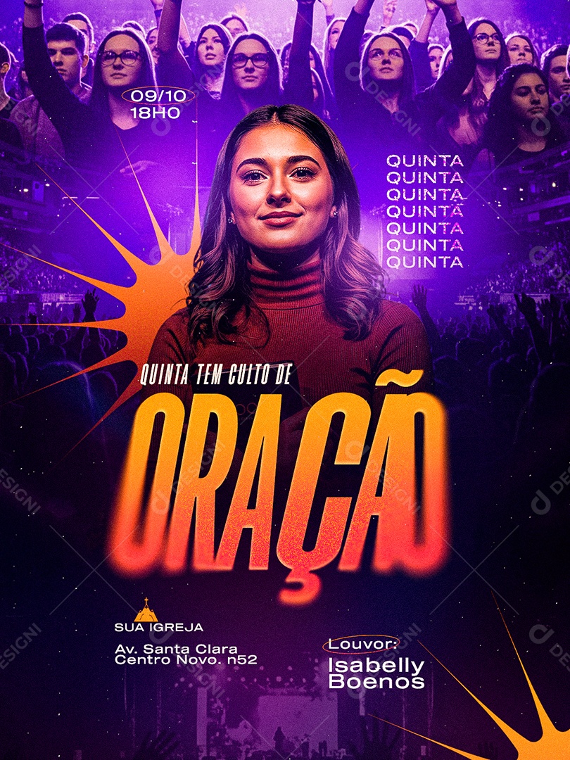 Flyer Gospel Quinta Tem Culto de Oração Louvor Isabelly Boenos Social Media PSD Editável