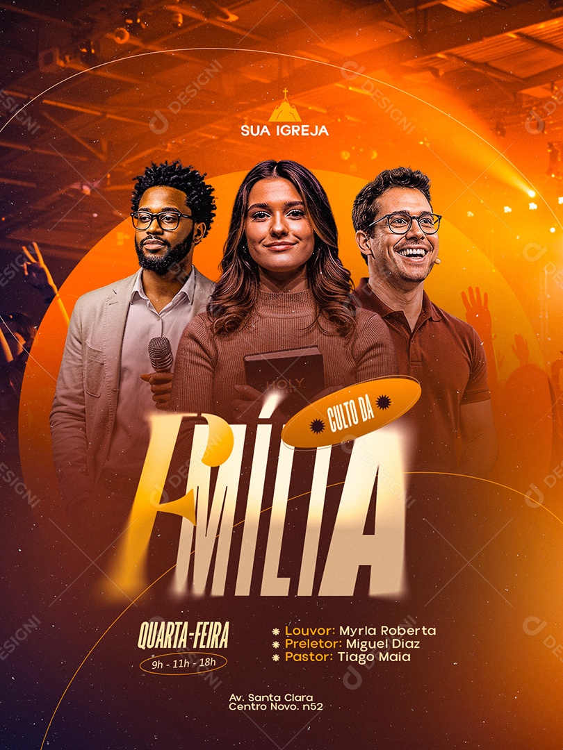 Flyer Gospel Culto da Família Quarta Feira Social Media PSD Editável