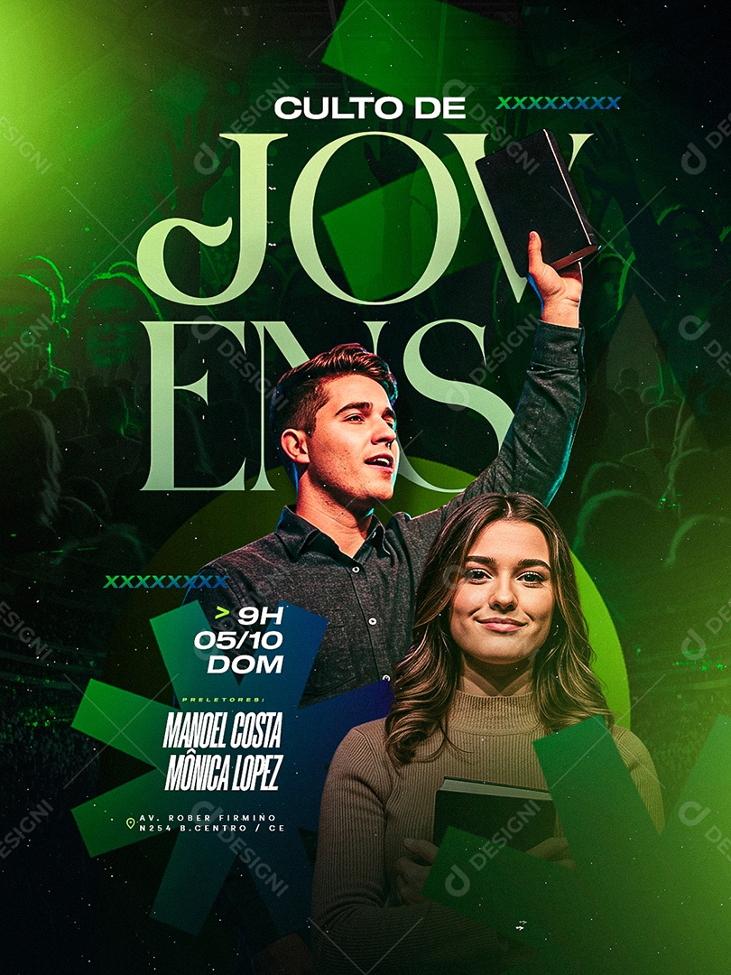 Flyer Gospel Culto de Jovens Manoel Costa e Mônica Lopez Social Media PSD Editável