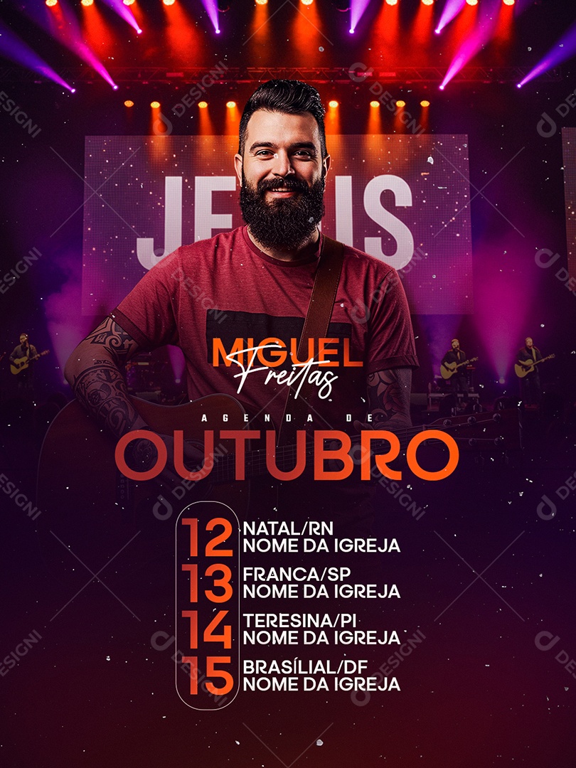 Flyer Gospel Agenda de Outubro Miguel Freitas Social Media PSD Editável