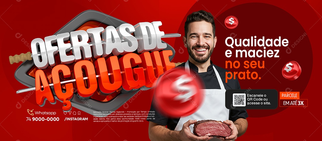 Banner Ofertas de Açougue Qualidade e Maciez no Seu Prato Social Media PSD Editável