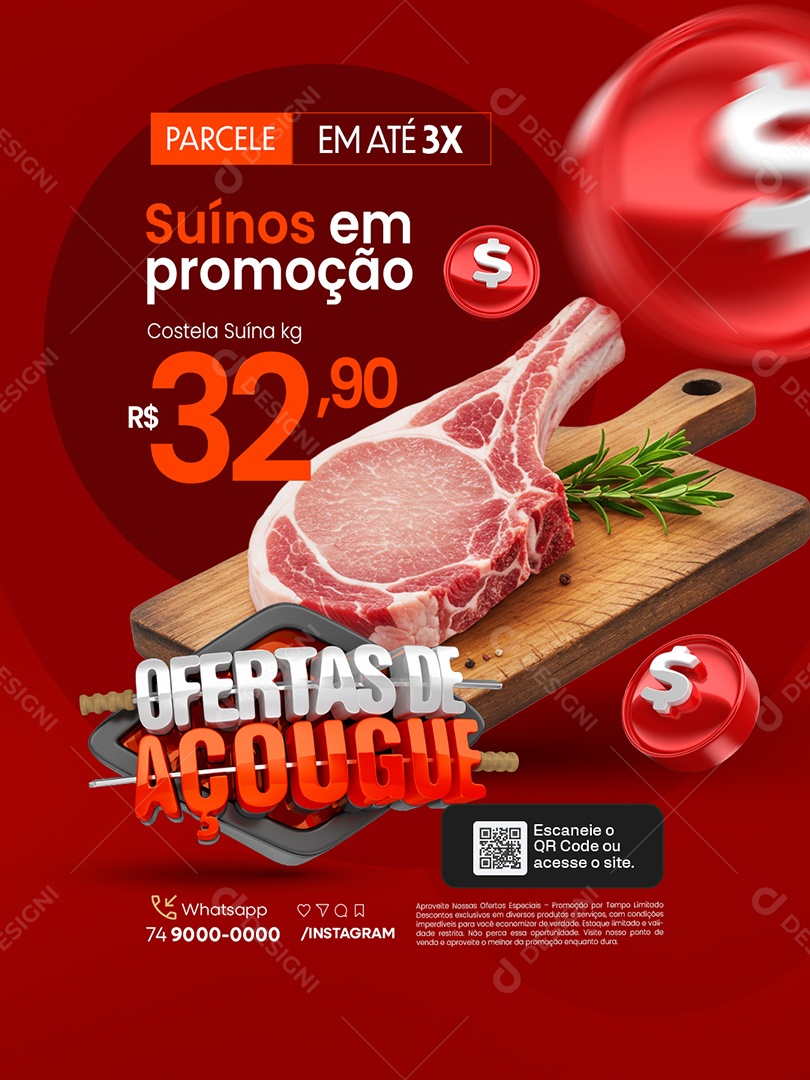 Ofertas de Açougue Suínos em Promoção Costela Suína Social Media PSD Editável