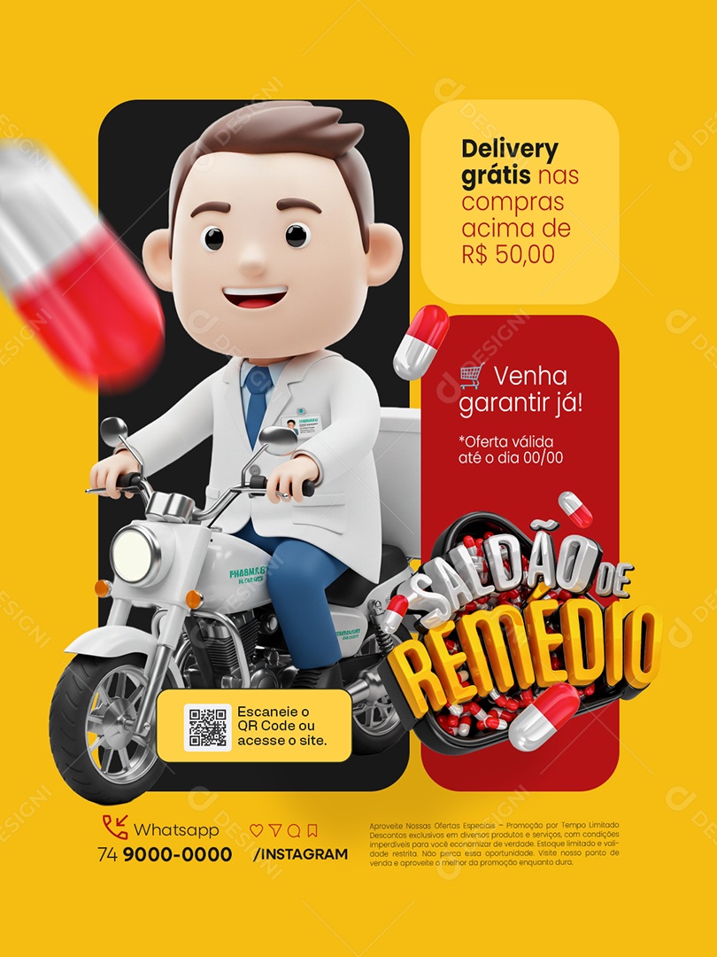 Saldão de Remédio Farmácia Delivery Grátis nas Compras Social Media PSD Editável