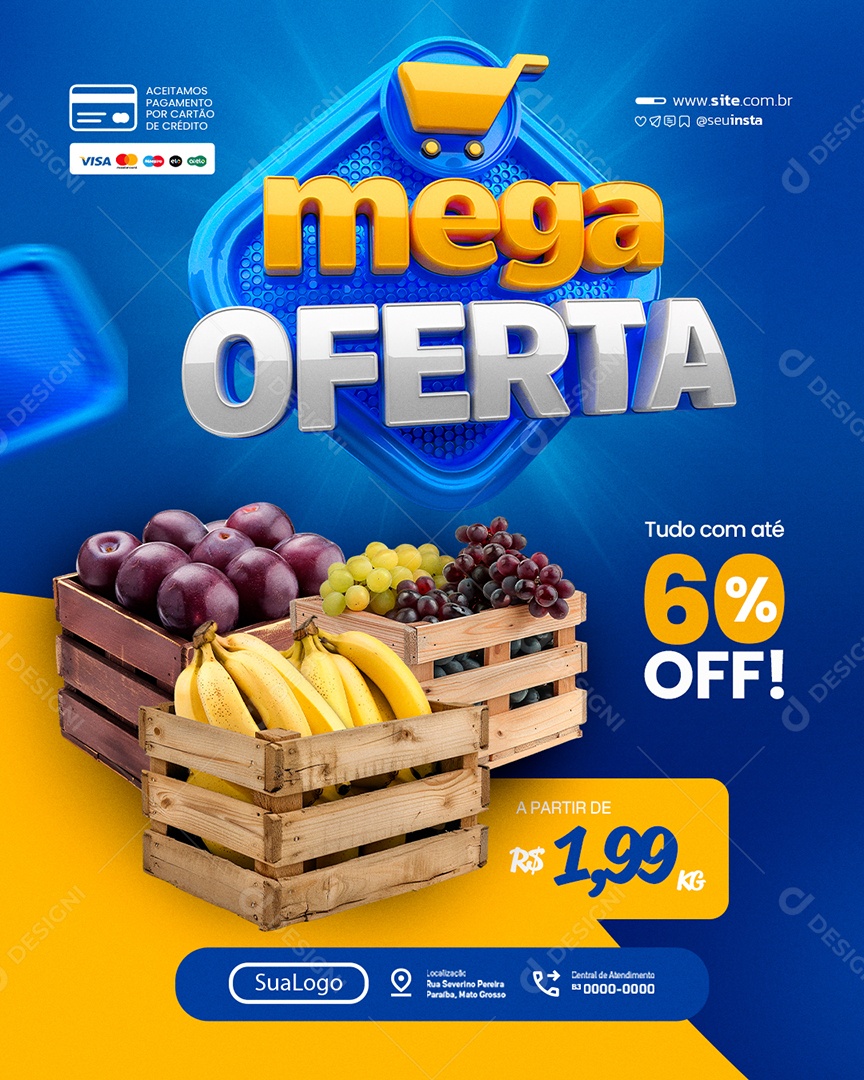 Mega Oferta Supermercado Ameixa Uvas e Banana Tudo com Até 60% Off Social Media PSD Editável
