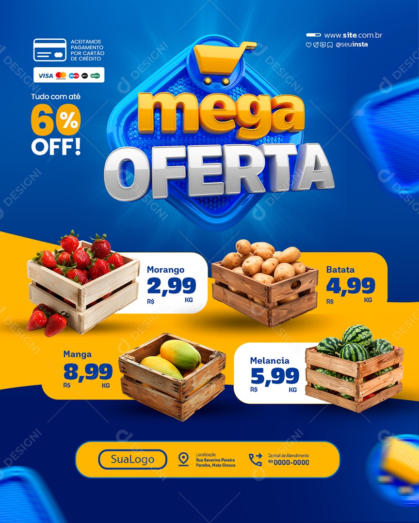 Mega Oferta Supermercado Morango Batata Manga e Melancia Social Media PSD Editável