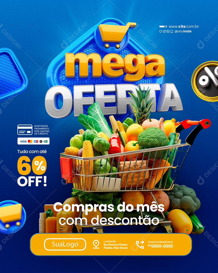 Mega Oferta Supermercado Compras do Mês com Desconto Social Media PSD Editável