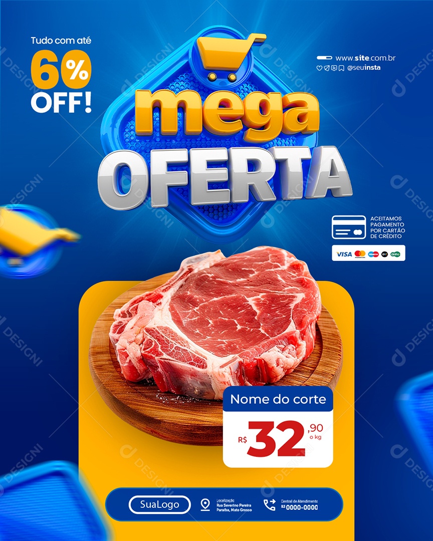 Mega Oferta Supermercado Carne Tudo com Até 60% Off Social Media PSD Editável