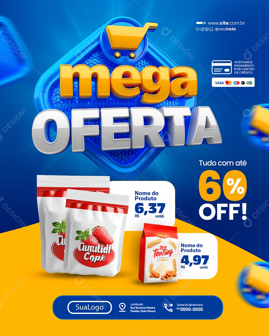 Mega Oferta Supermercado Tudo com Até 60% Off Social Media PSD Editável