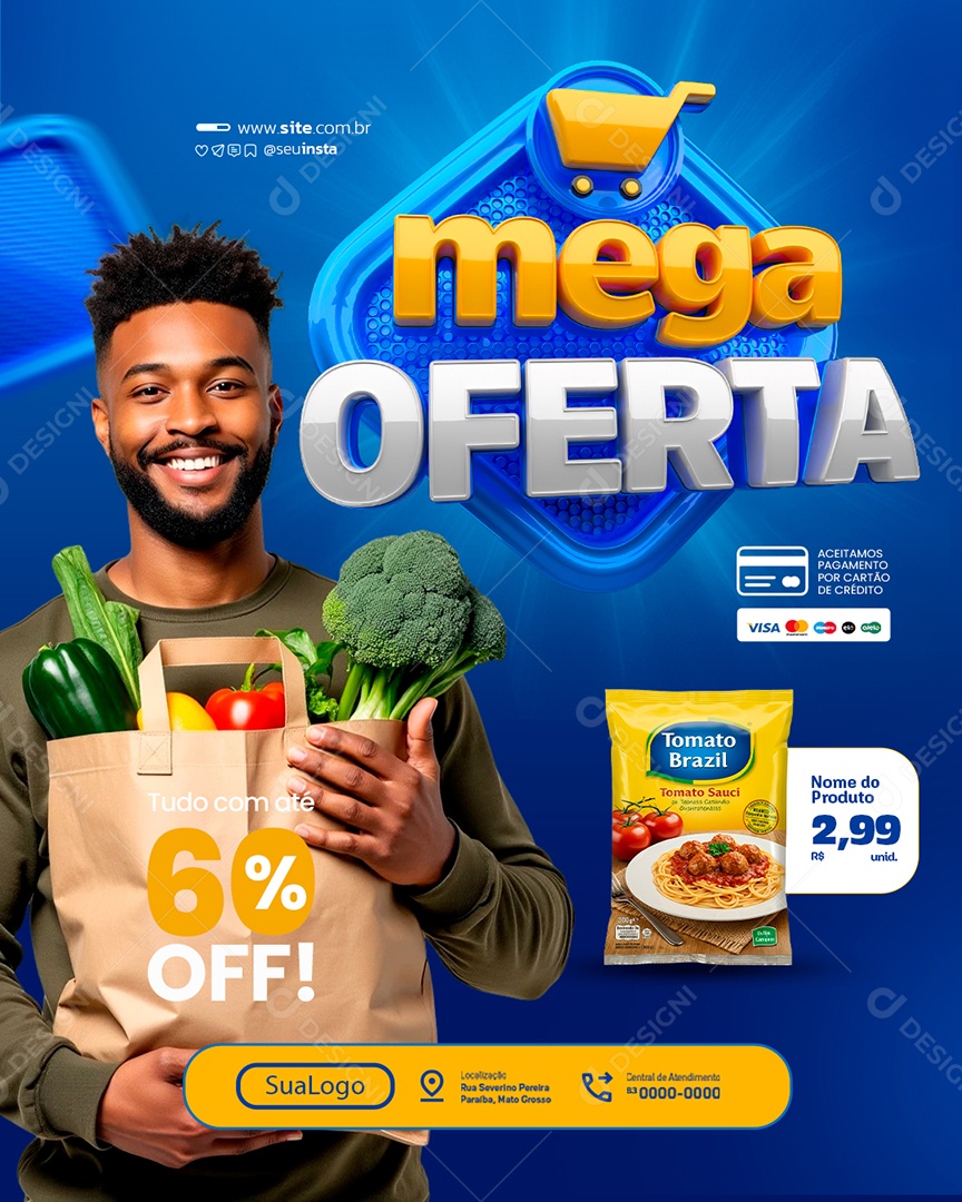 Mega Oferta Supermercado Tudo com Até 60% Off Social Media PSD Editável
