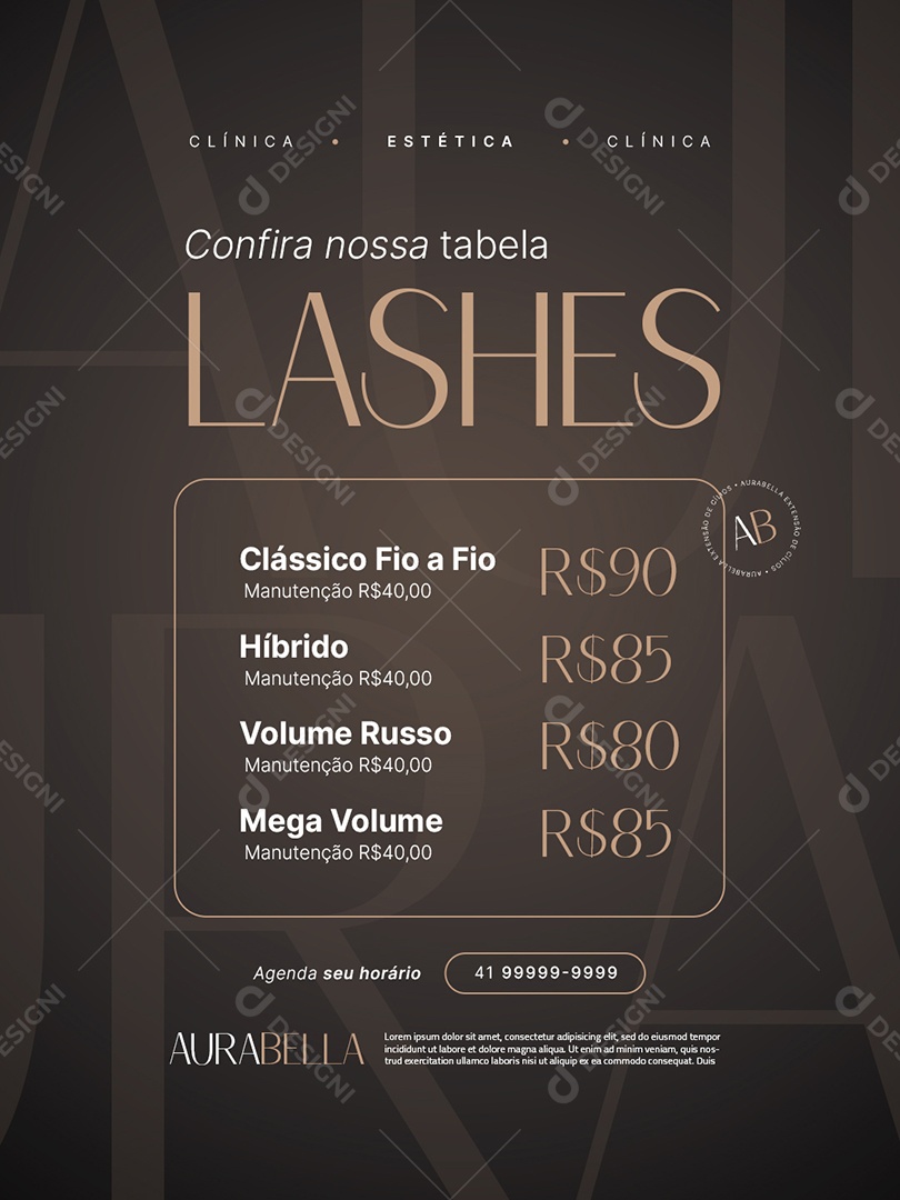 Clínica Estética Confira Nossas Tabelas Lashes Social Media PSD Editável
