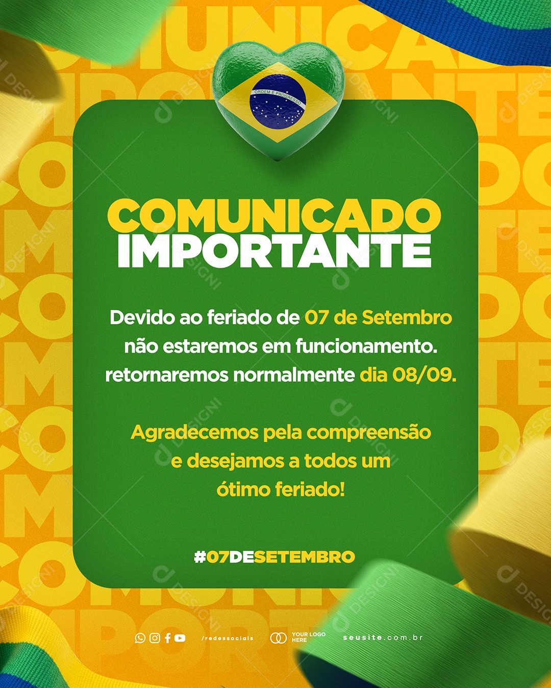 Comunicado Importante Dia da Independência do Brasil 07 de Setembro Social Media PSD Editável
