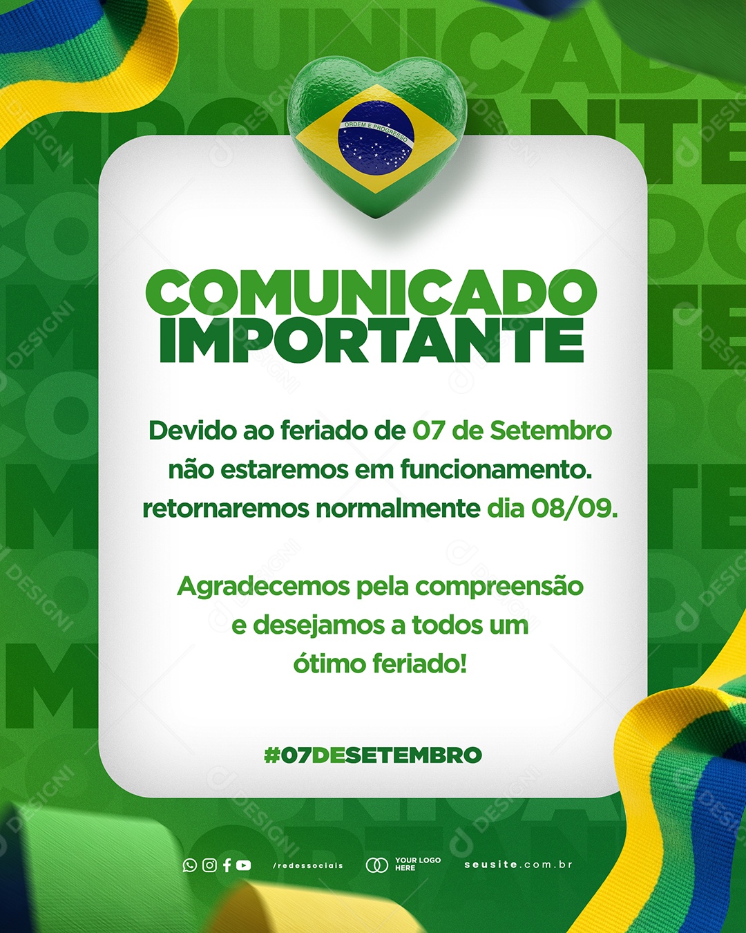 Comunicado Importante Dia da Independência do Brasil 07 de Setembro Social Media PSD Editável