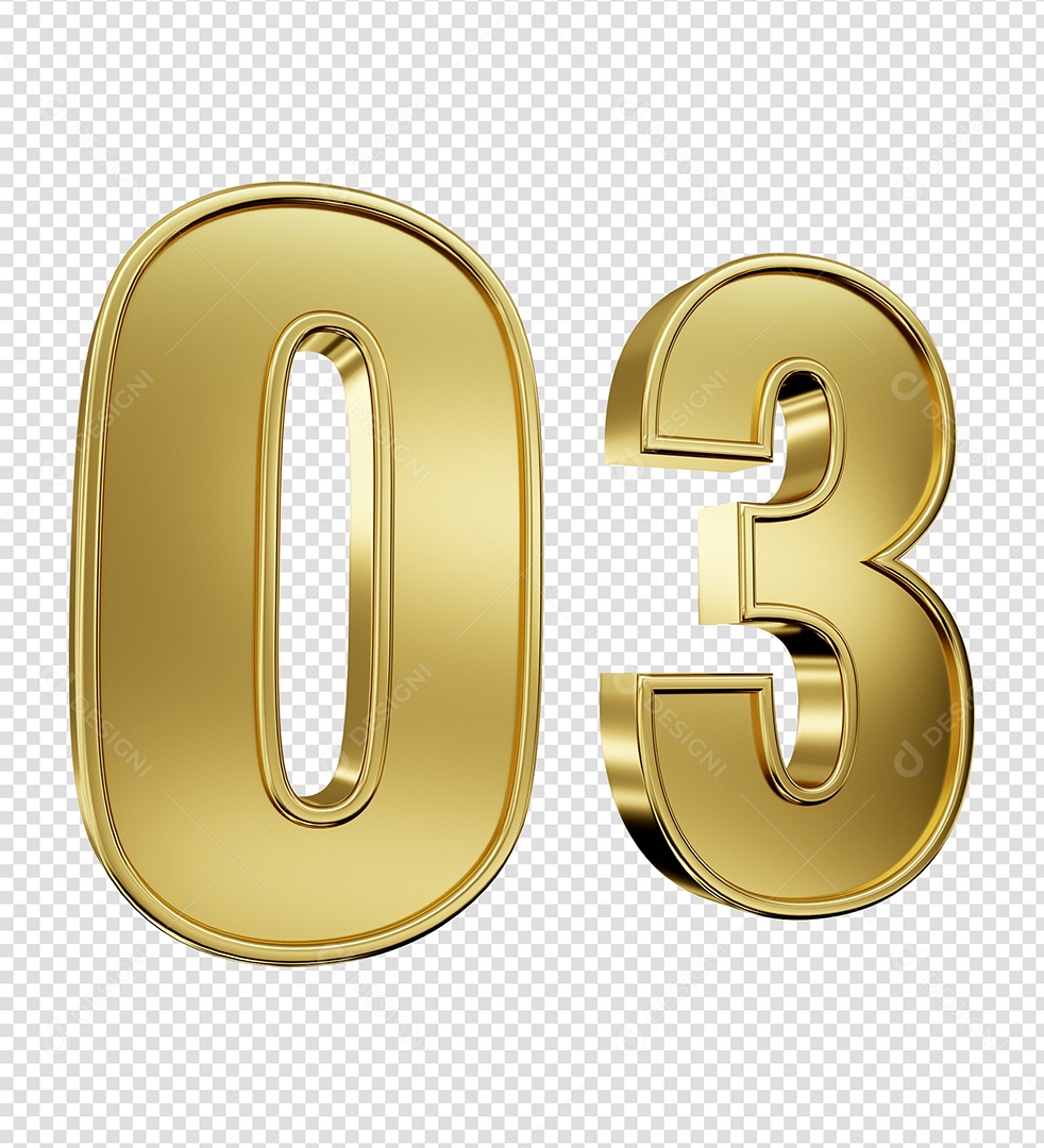 Elemento 3D Número 03 Dourado para Composição PSD