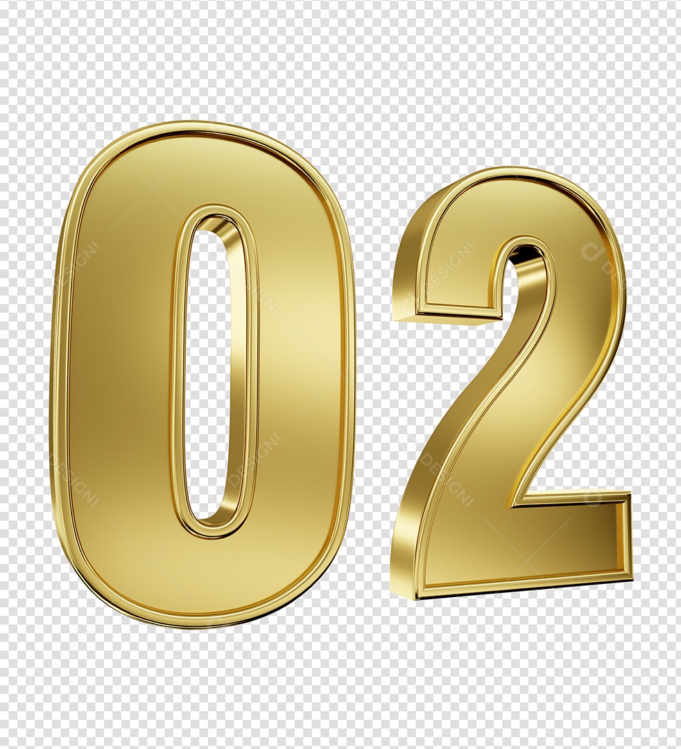 Elemento 3D Número 02 Dourado para Composição PSD