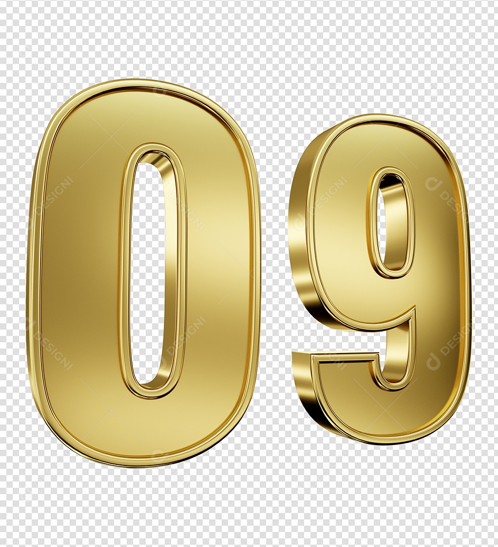 Elemento 3D Número 09 Dourado para Composição PSD