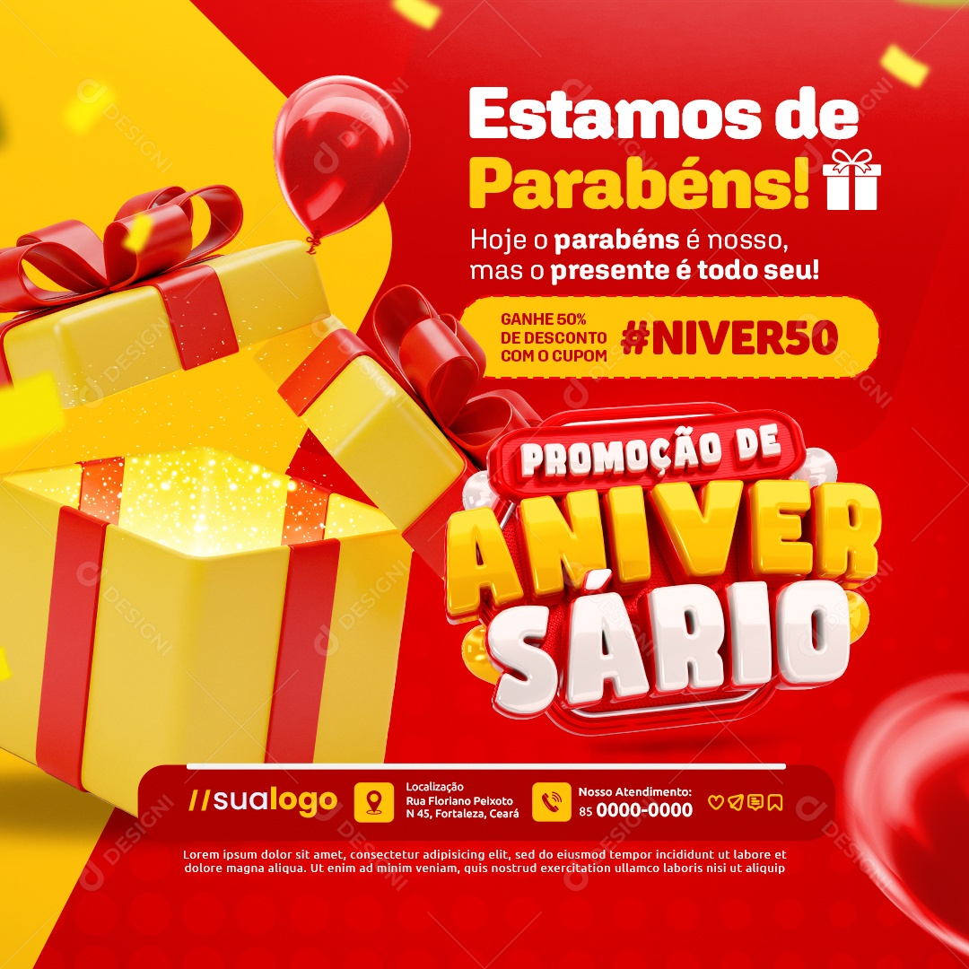 Promoção de Aniversário Supermercado Estamos de Parabéns Social Media PSD Editável