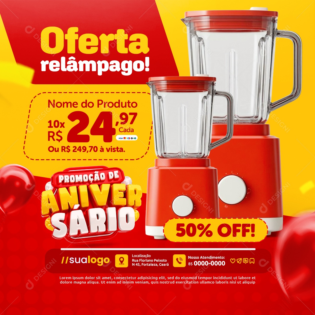 Promoção de Aniversário Supermercado Liquidificador Oferta Relâmpago Social Media PSD Editável