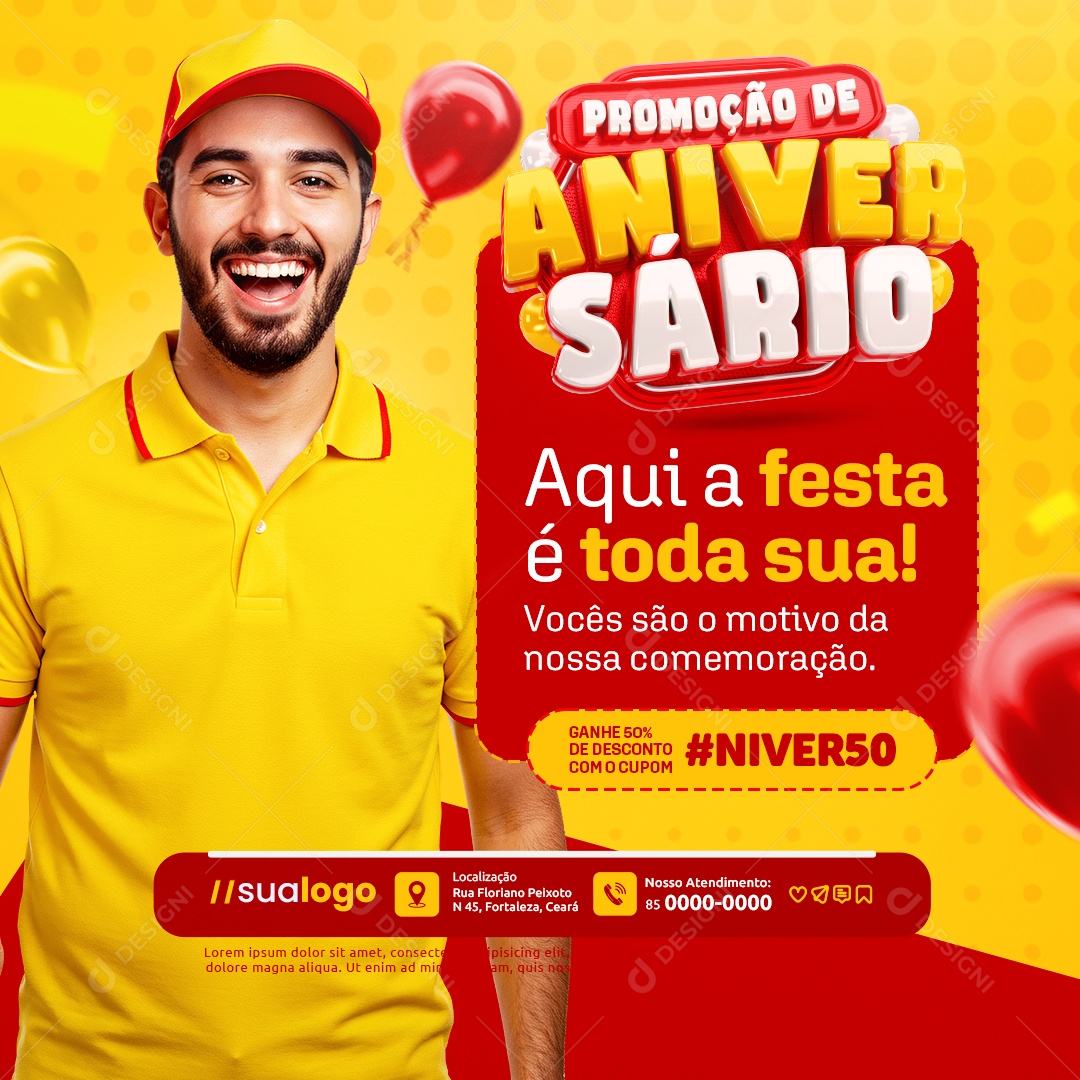 Promoção de Aniversário Supermercado Aqui a Festa é Toda Sua Social Media PSD Editável