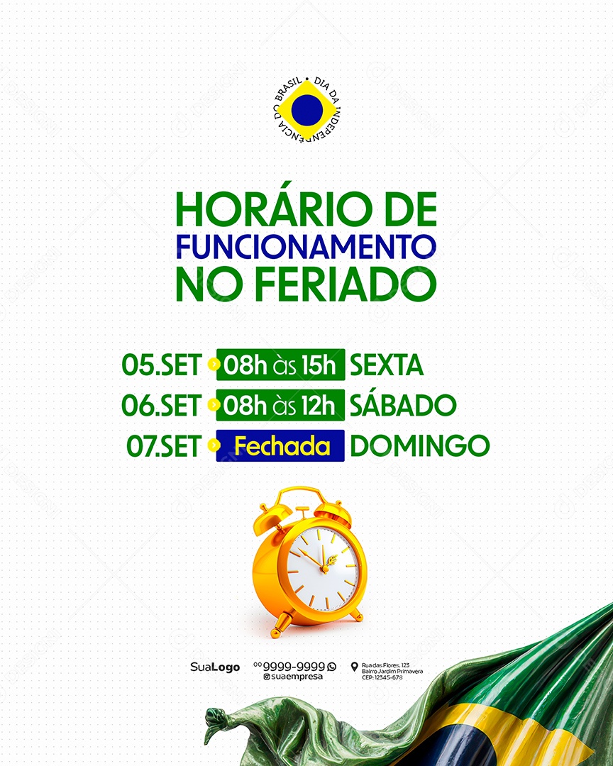 Horário de Funcionamento 07 de Setembro Social Media PSD Editável
