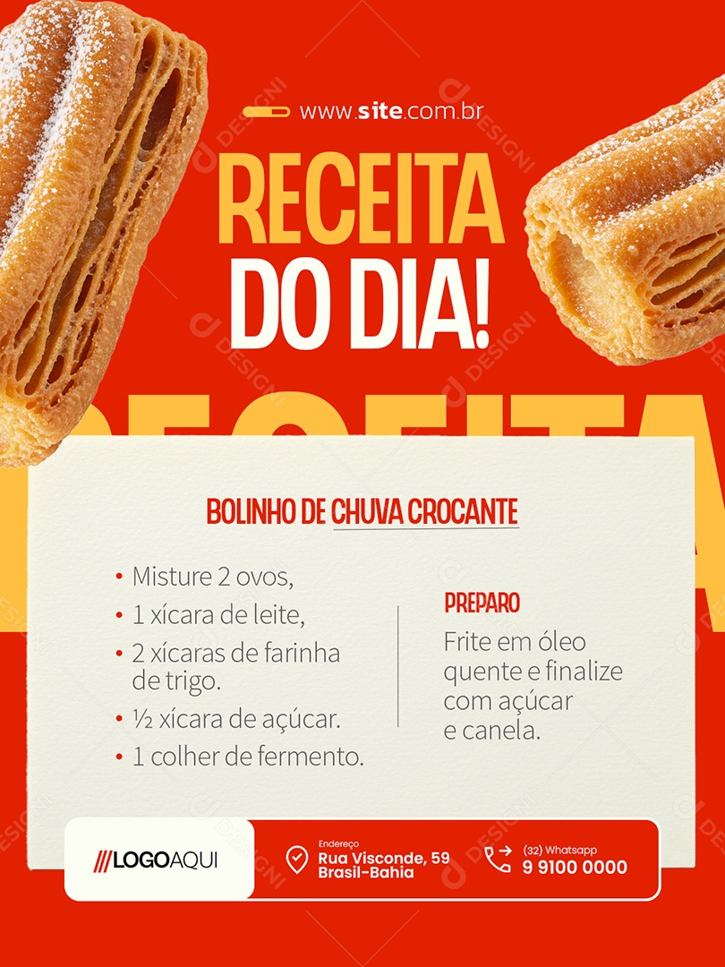 Receita do Dia Bolinho de Chuva Crocante Social Media PSD Editável