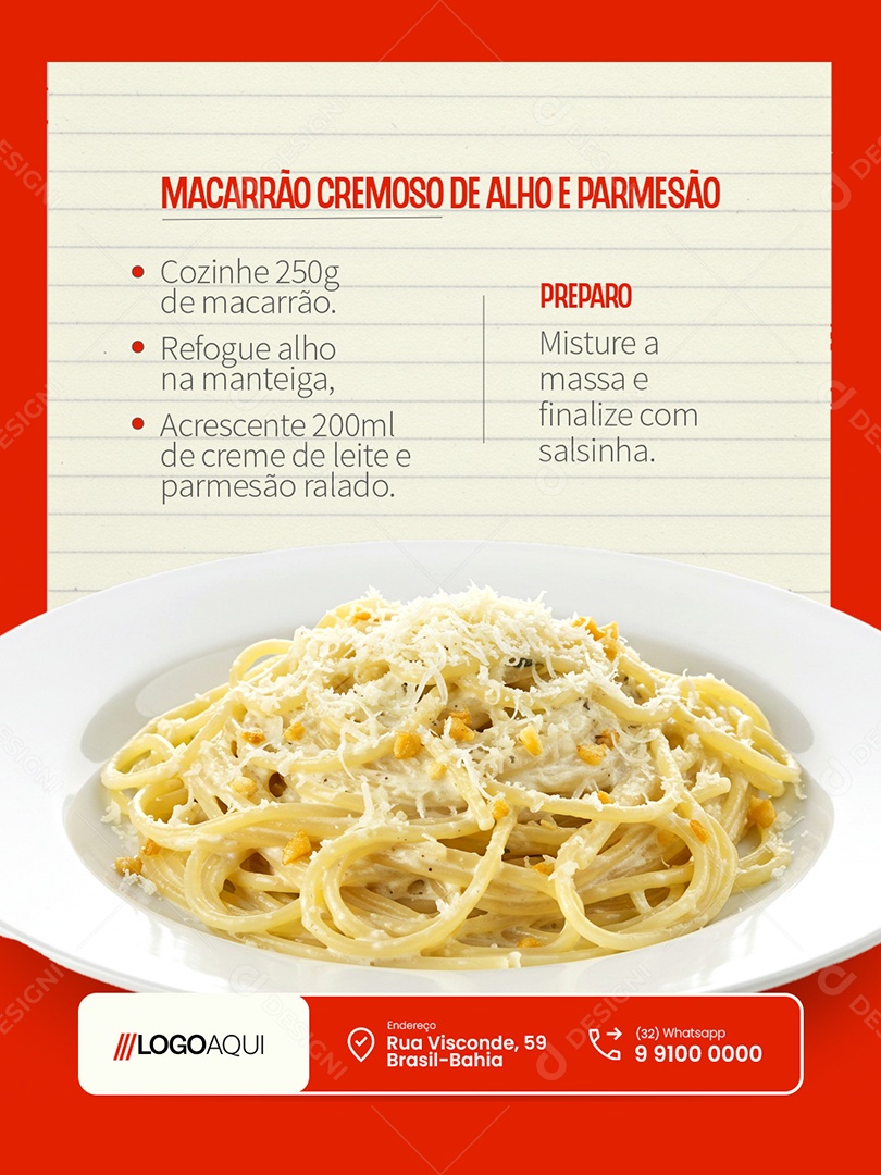 Receita Macarrão Cremoso de Alho e Parmesão Social Media PSD Editável