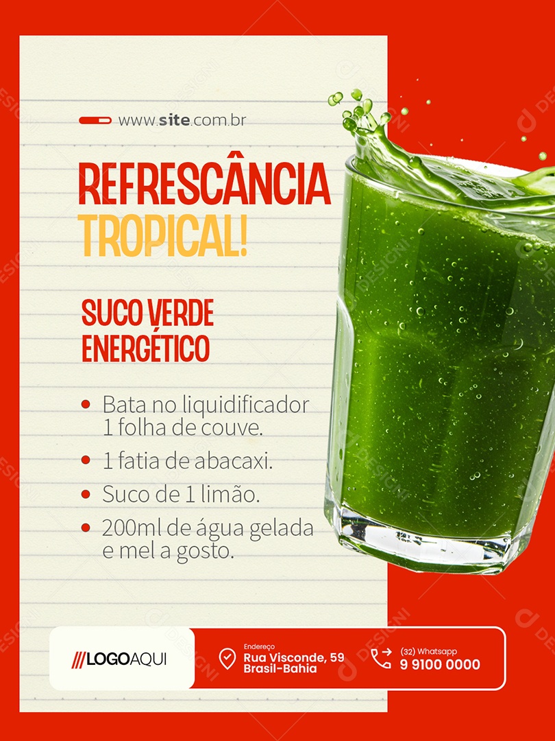 Receita Suco Verde Energético Refrescância Tropical Social Media PSD Editável