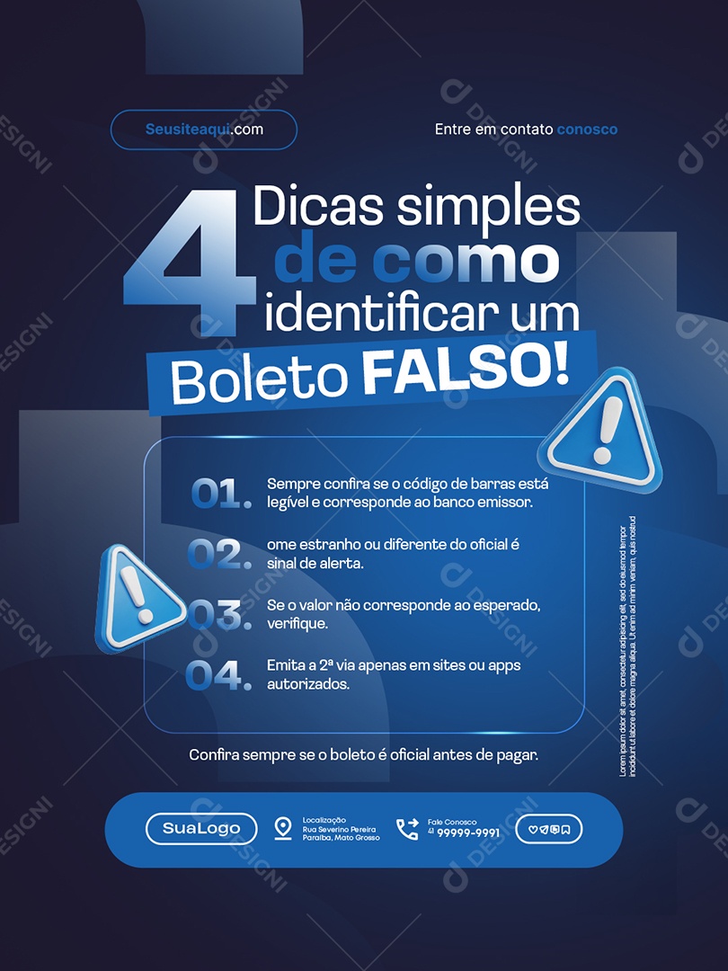 Finanças Quatro Dicas Simples de Como Identificar um Boleto Falso Social Media PSD Editável