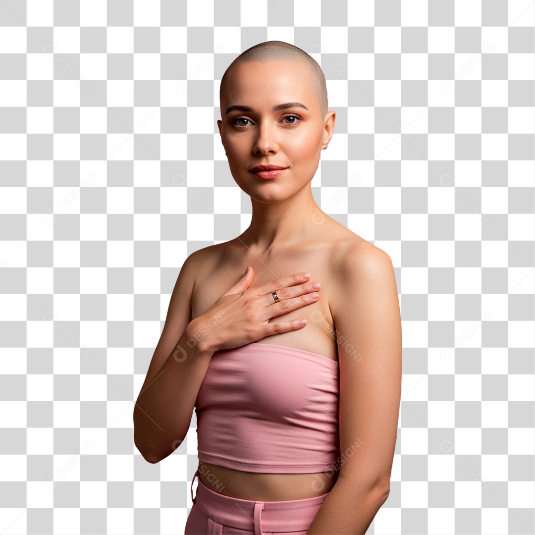 Mulher com Mão no Peito Outubro Rosa PNG Transparente