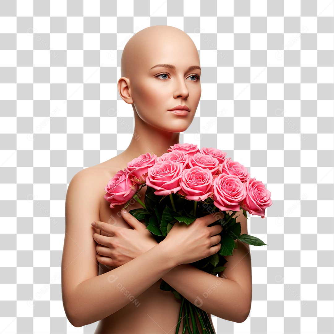 Mulher com Flores Outubro Rosa PNG Transparente