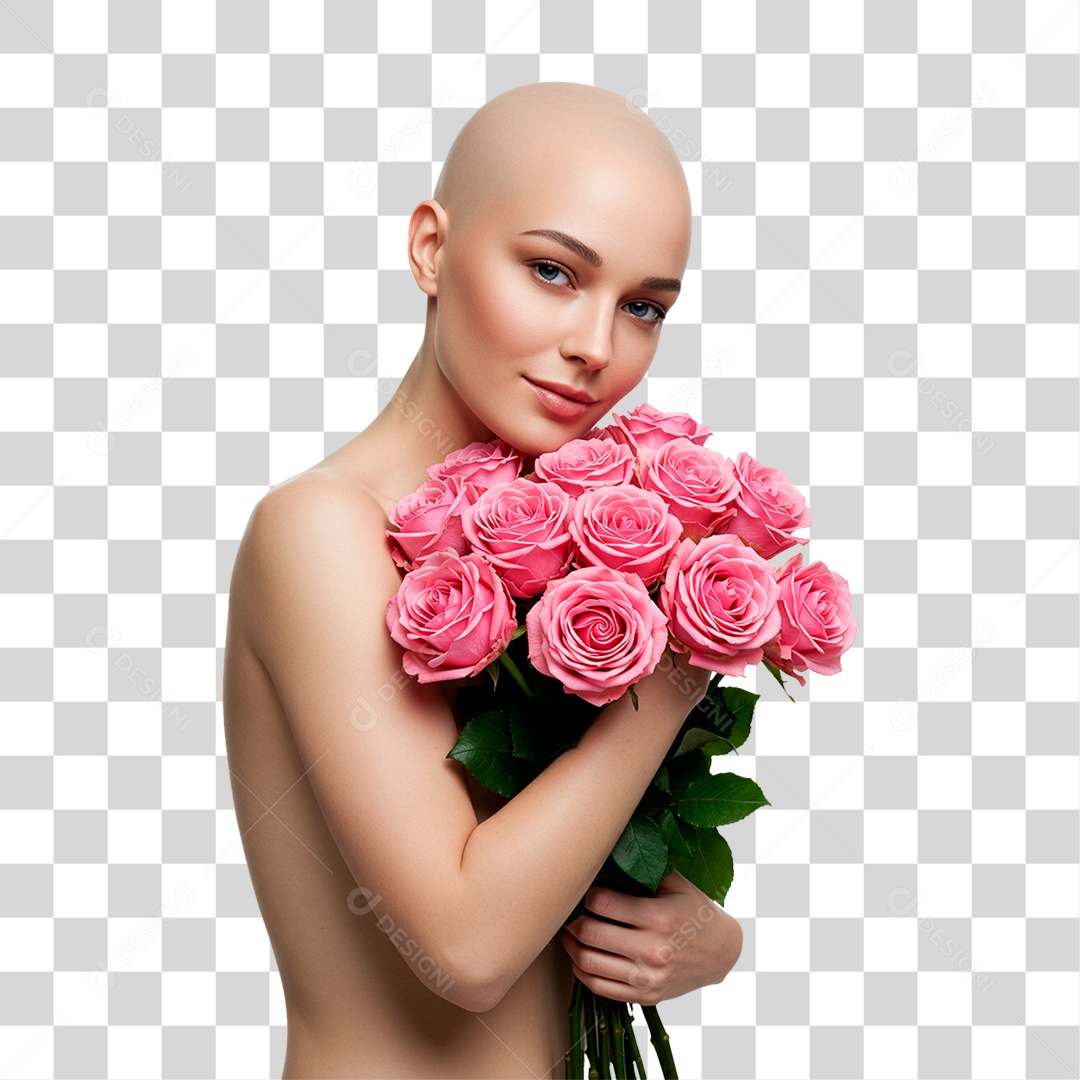 Mulher com Flores Outubro Rosa PNG Transparente