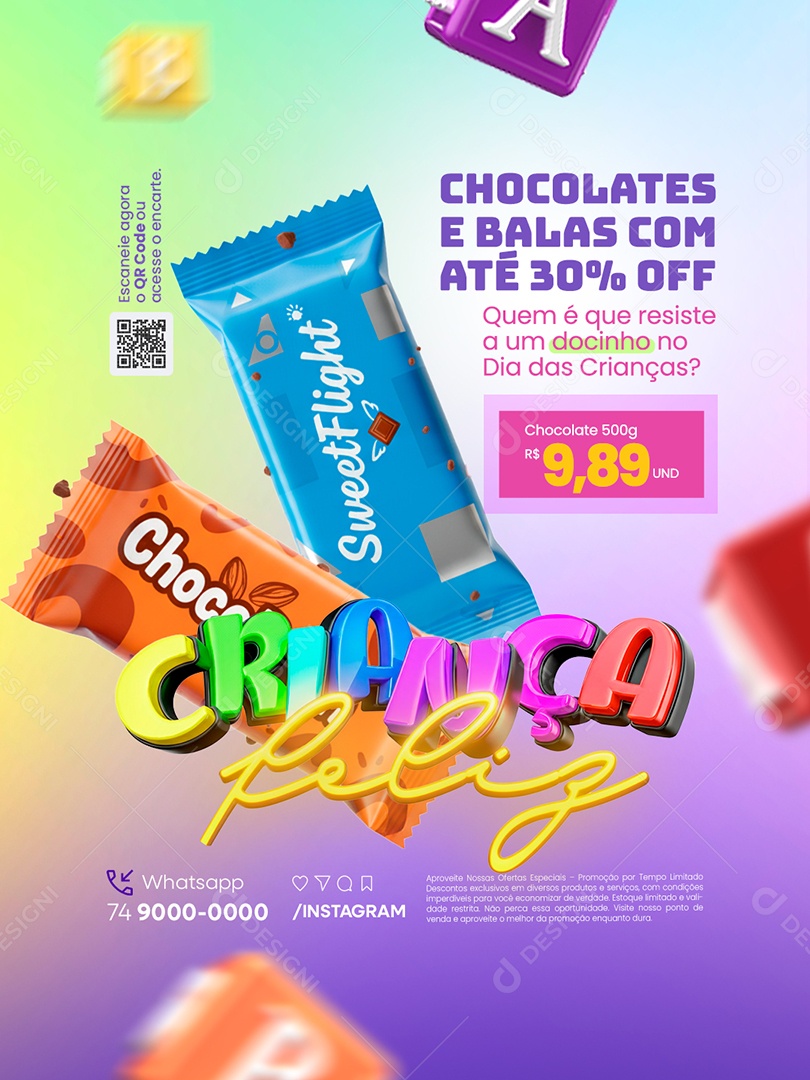 Criança Feliz Supermercado Chocolates e Balas Docinho no Dia das Crianças Social Media PSD Editável